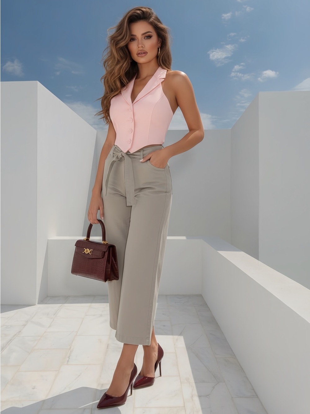 G by GIULIANA Grey Cropped Tie-Waist Pants